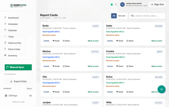 The report cards screen on an iPad: one card per pet, with mood, appetite and a staff note.