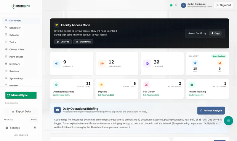 ResortKeeper's dashboard showing arrivals, departures, in-house guests, kennel capacity and revenue by service.